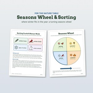 May include: Two educational activity sheets titled FOR THE NATURE TABLE Seasons Wheel & Sorting. The left sheet features Sorting Cards & Nature Walk instructions. The right sheet displays a circular Seasons Wheel divided into four colored sections.
