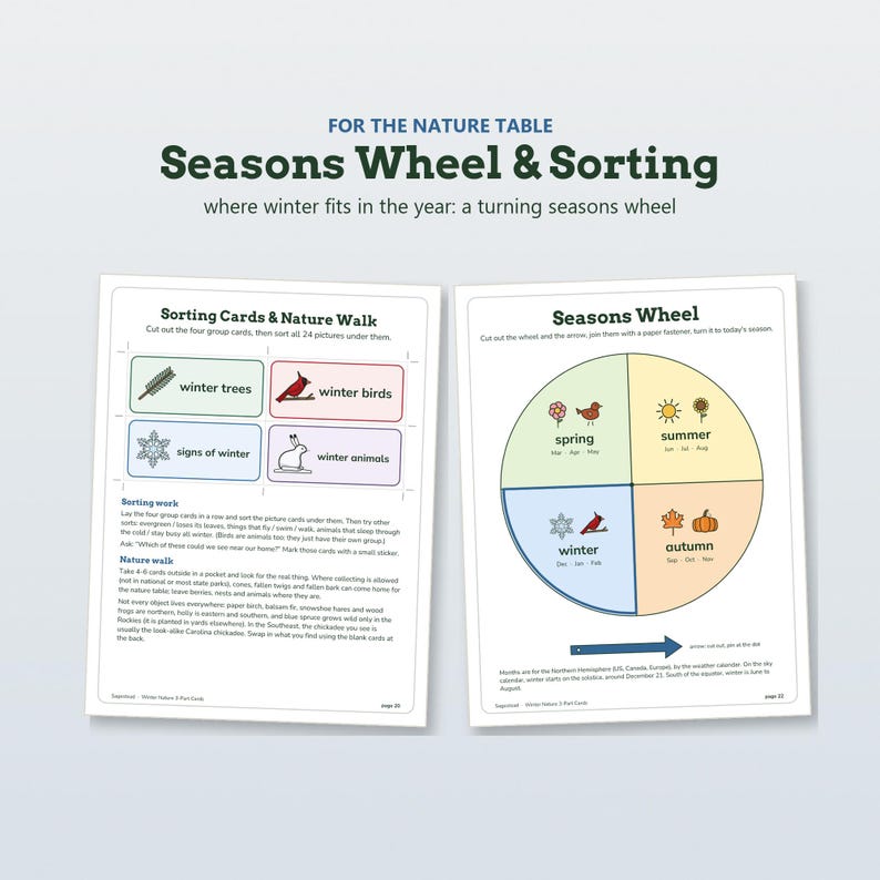 May include: Two educational activity sheets titled FOR THE NATURE TABLE Seasons Wheel & Sorting. The left sheet features Sorting Cards & Nature Walk instructions. The right sheet displays a circular Seasons Wheel divided into four colored sections.