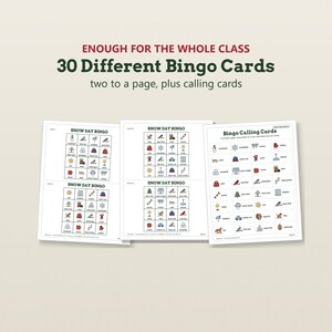 K&ouml;nnte beinhalten: Ein Set aus 30 druckbaren Schneetag-Bingo-Karten mit zwei Karten pro Seite und einem Blatt mit Ziehkarten. Jede Karte enth&auml;lt ein Raster aus farbenfrohen winterlichen Symbolen wie Schneem&auml;nnern und Schneeflocken mit Textbeschriftungen.
