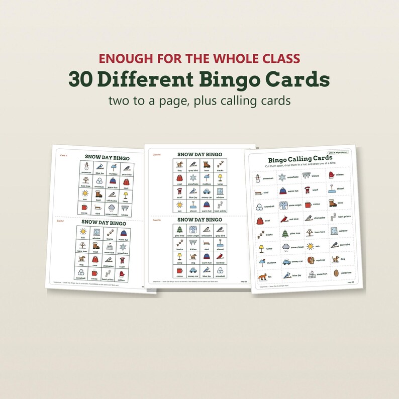 K&ouml;nnte beinhalten: Ein Set aus 30 druckbaren Schneetag-Bingo-Karten mit zwei Karten pro Seite und einem Blatt mit Ziehkarten. Jede Karte enth&auml;lt ein Raster aus farbenfrohen winterlichen Symbolen wie Schneem&auml;nnern und Schneeflocken mit Textbeschriftungen.