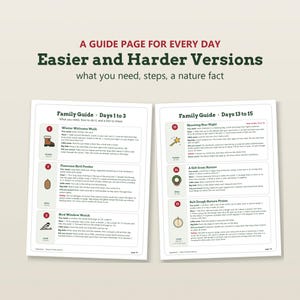May include: Two pages from a family guide titled A GUIDE PAGE FOR EVERY DAY, featuring activities for days 1 to 3 and 13 to 15. The text includes instructions for Winter Welcome Walk, Pinecone Bird Feeder, Bird Window Watch, Shooting Star Night, A Gift from Nature, and Salt Dough Nature Prints.