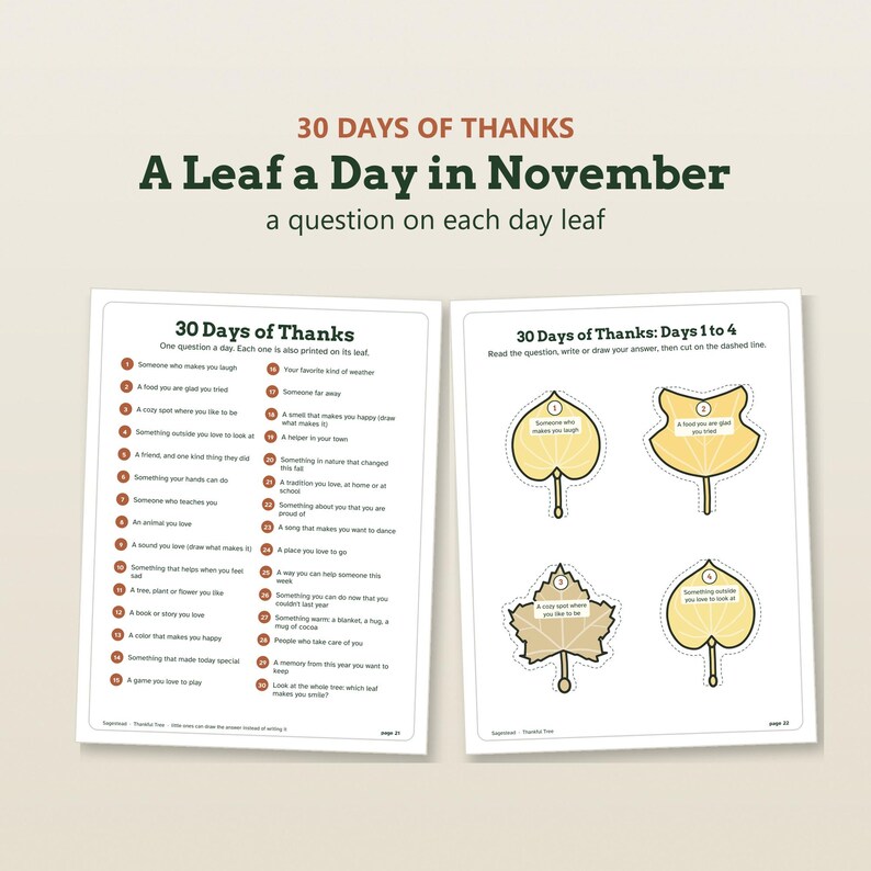 Puede incluir: Dos hojas de actividades imprimibles tituladas 30 Days of Thanks: A Leaf a Day in November. La hoja izquierda enumera 30 preguntas de gratitud. La hoja derecha muestra cuatro recortes amarillos con forma de hoja numerados del 1 al 4.