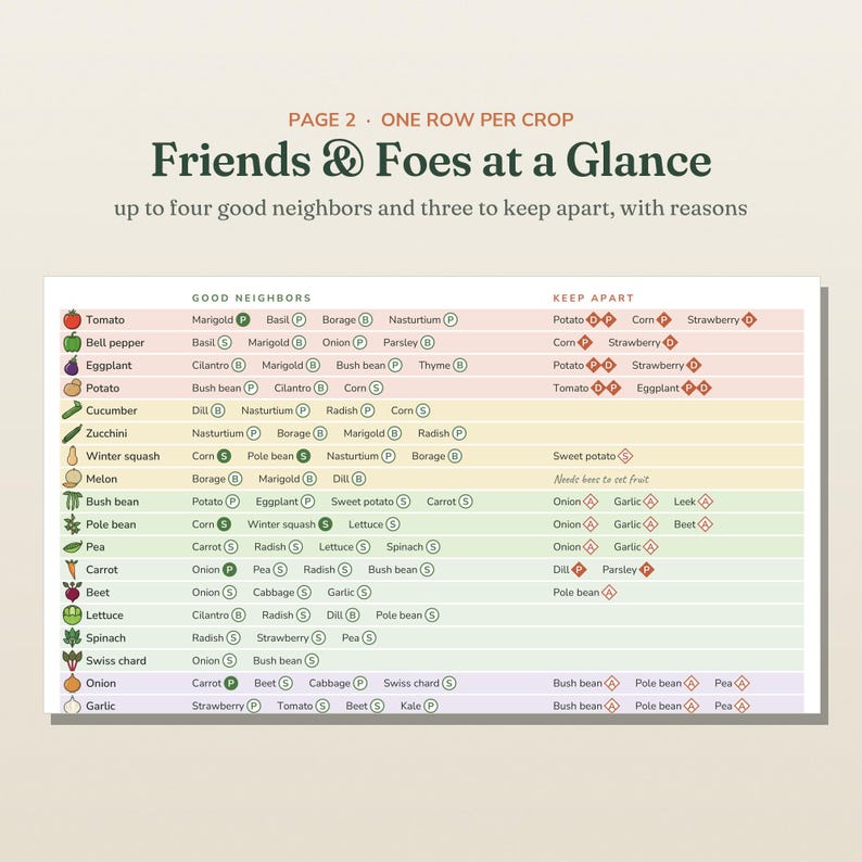May include: A gardening reference chart titled Friends & Foes at a Glance, Page 2. The table lists vegetables in rows with icons, categorizing companion plants as Good Neighbors or plants to Keep Apart, marked with lettered circular or diamond icons.