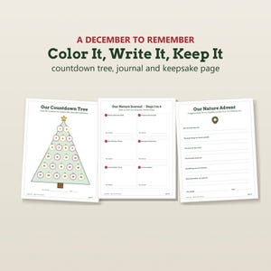 May include: Three printable activity sheets titled A DECEMBER TO REMEMBER, Color It, Write It, Keep It. The pages include Our Countdown Tree with numbered ornaments, Our Nature Journal for daily observations, and Our Nature Advent with writing prompts.