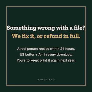 May include: A dark green square graphic with a thin gold border. Text reads: Something wrong with a file? We fix it, or refund in full. A real person replies within 24 hours. US Letter + A4 in every download. Yours to keep: print it again next year. SAGESTEAD.