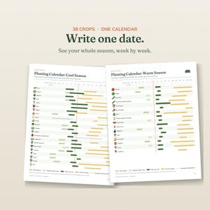May include: A two-page planting calendar guide featuring 38 crops. The text reads: 38 CROPS. ONE CALENDAR. Write one date. See your whole season, week by week. Planting Calendar: Cool Season and Planting Calendar: Warm Season with color-coded charts.