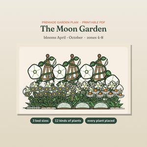 May include: A printable PDF garden plan titled The Moon Garden, featuring an illustration of white flowers on trellises and daisies. Text includes blooms April-October, zones 4-8, 3 bed sizes, 12 kinds of plants, and every plant placed.