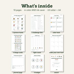 May include: A digital activity set titled What's inside featuring 18 pages in color and ink-saver formats for US Letter and A4 sizes. It includes car ride light hunts, challenge lists, color hunts, bingo cards, light counts, and award certificates.