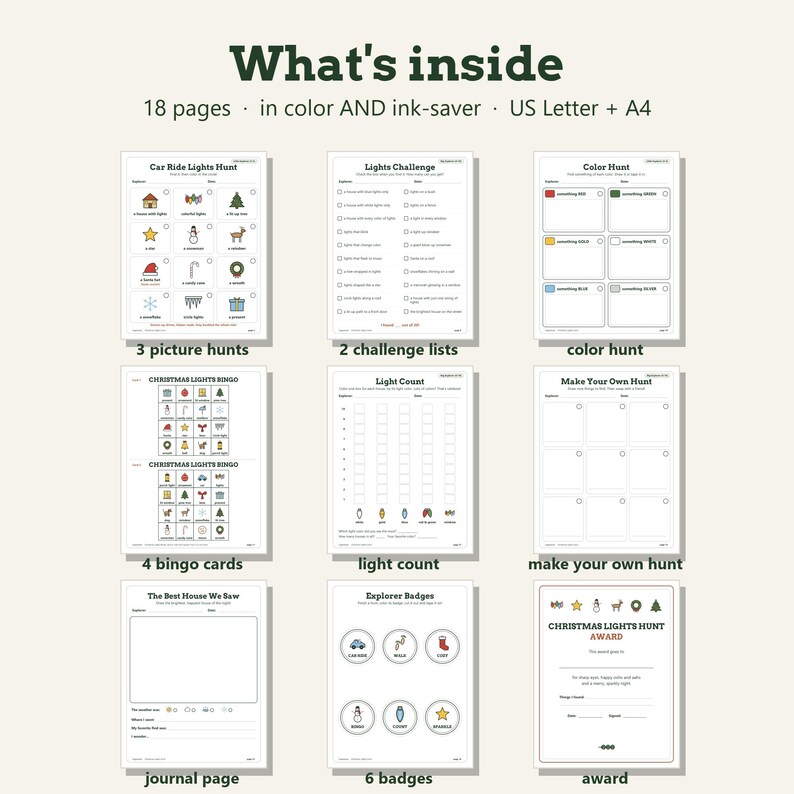 May include: A digital activity set titled What's inside featuring 18 pages in color and ink-saver formats for US Letter and A4 sizes. It includes car ride light hunts, challenge lists, color hunts, bingo cards, light counts, and award certificates.