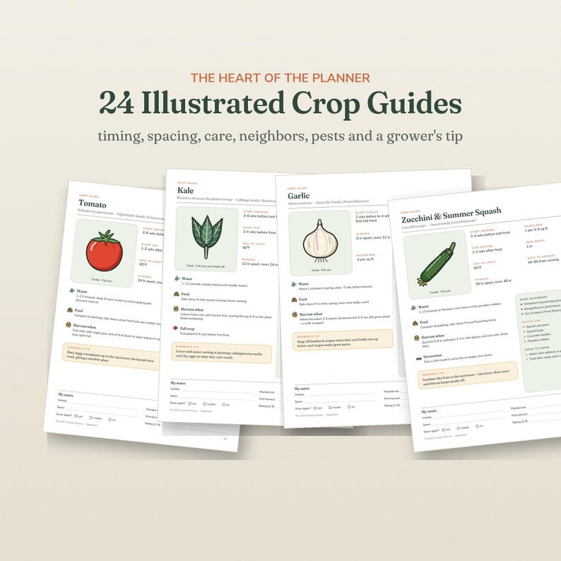 May include: A set of four printed crop guide pages titled The Heart of the Planner 24 Illustrated Crop Guides. Each page features a vegetable illustration, including a tomato, kale, garlic, and zucchini, with text detailing planting, care, and harvest.