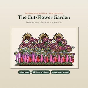 May include: A printable PDF garden plan titled The Cut-Flower Garden, featuring a colorful illustration of various flowers including sunflowers, daisies, and pink plumes. Text includes blooms June-October, zones 4-8, 3 bed sizes, 12 kinds of plants.
