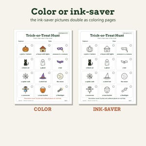 May include: Two Trick-or-Treat Hunt scavenger hunt sheets. One sheet features colored icons of Halloween items like a jack-o'-lantern, black cat, and spider web. The second sheet displays the same icons in black and white line art for coloring.