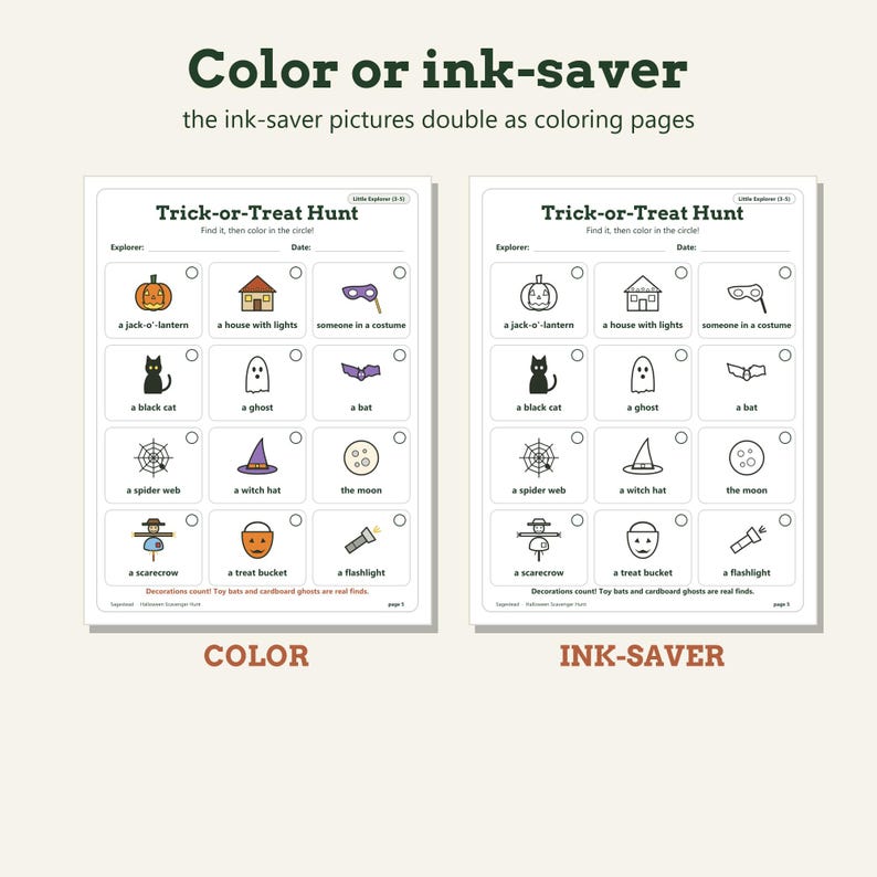 May include: Two Trick-or-Treat Hunt scavenger hunt sheets. One sheet features colored icons of Halloween items like a jack-o'-lantern, black cat, and spider web. The second sheet displays the same icons in black and white line art for coloring.