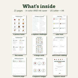May include: A digital printable set titled What's inside containing 23 pages in color and ink-saver formats for US Letter and A4 sizes. The set includes nature-themed activity sheets like picture hunts, explorer challenges, bingo cards, and awards.