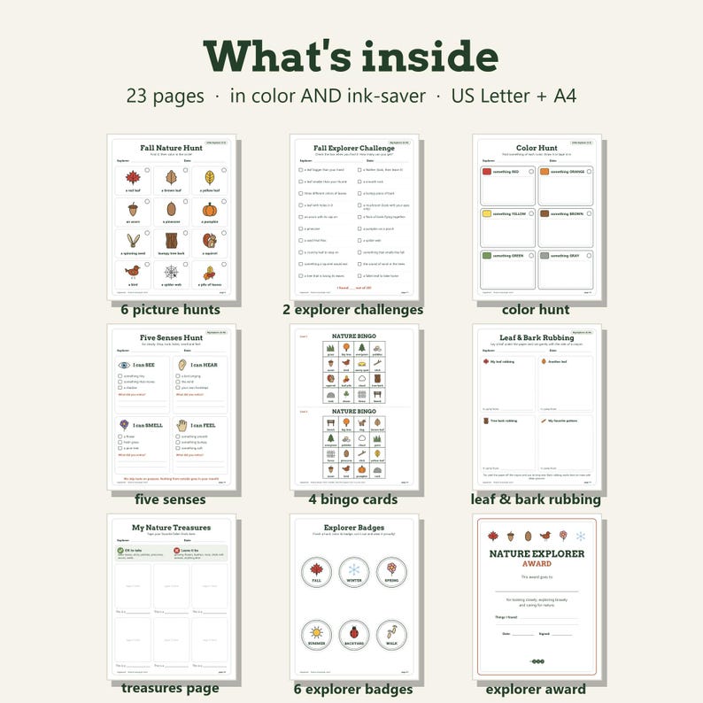 May include: A digital printable set titled What's inside containing 23 pages in color and ink-saver formats for US Letter and A4 sizes. The set includes nature-themed activity sheets like picture hunts, explorer challenges, bingo cards, and awards.