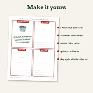 May include: A printable sheet titled Make it yours featuring four rectangular cards with red borders. One card shows a blue gift icon and text including You found it and Merry Christmas. Three cards are blank with My Clue headers for writing.