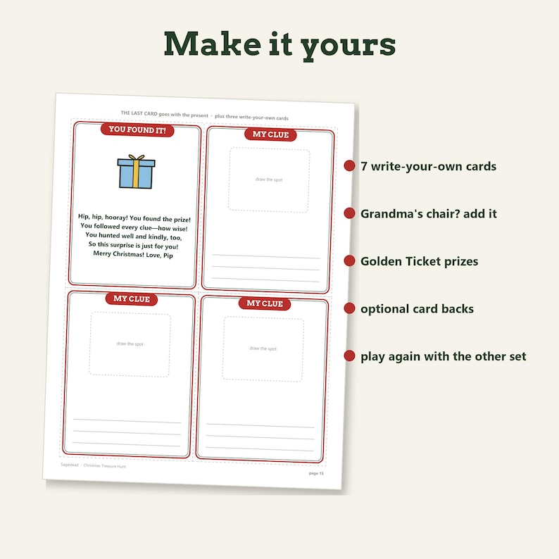 May include: A printable sheet titled Make it yours featuring four rectangular cards with red borders. One card shows a blue gift icon and text including You found it and Merry Christmas. Three cards are blank with My Clue headers for writing.