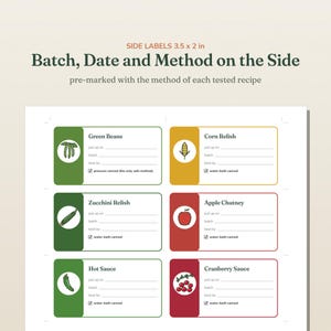 May include: A sheet of six rectangular labels measuring 3.5 x 2 inches, each featuring a food illustration and text fields for "put up on," "batch," and "best by." The labels are labeled Green Beans, Corn Relish, Zucchini Relish, Apple Chutney, Hot Sauce, and Cranberry Sauce.