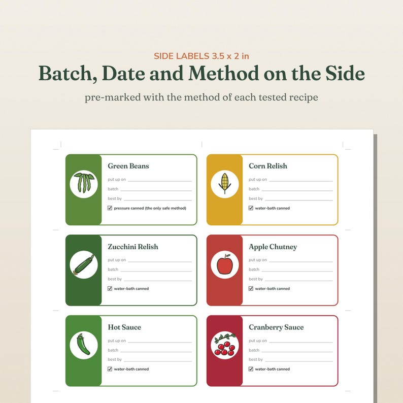 May include: A sheet of six rectangular labels measuring 3.5 x 2 inches, each featuring a food illustration and text fields for "put up on," "batch," and "best by." The labels are labeled Green Beans, Corn Relish, Zucchini Relish, Apple Chutney, Hot Sauce, and Cranberry Sauce.