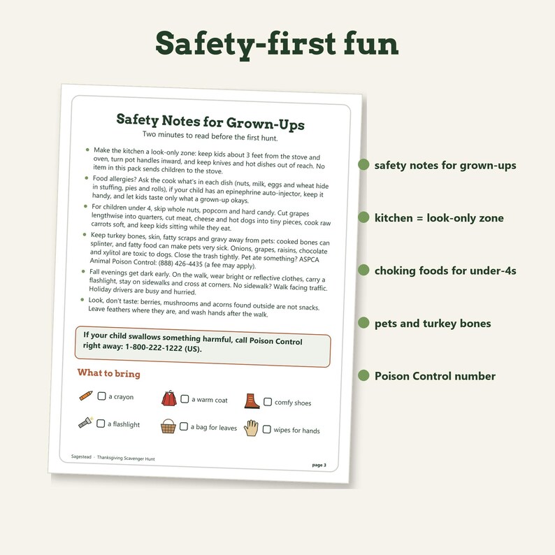 May include: A white informational sheet titled Safety-first fun and Safety Notes for Grown-Ups. It lists safety guidelines for children, including kitchen rules, food allergies, choking hazards, pet safety, and a Poison Control number. Includes a checklist.