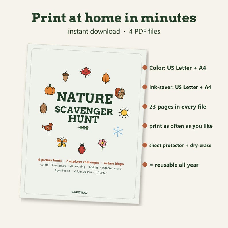 May include: A digital nature scavenger hunt activity set with the text Nature Scavenger Hunt, featuring icons of an acorn, leaves, squirrel, sun, snowflake, flower, ladybug, butterfly, bird, pinecone, and pumpkin. Includes 23 pages per file.
