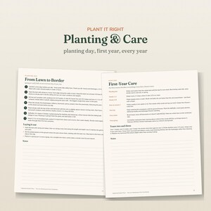 May include: Two pages of a gardening guide titled Plant It Right Planting & Care. The left page details From Lawn to Border with numbered steps and a notes section. The right page outlines First-Year Care and years two and three with notes.