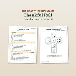 K&ouml;nnte beinhalten: Das Dankbarkeits-W&uuml;rfelspiel Thankful Roll besteht aus zwei bedruckten Bl&auml;ttern. Ein Blatt enth&auml;lt drei nummerierte Tabellen f&uuml;r verschiedene Altersgruppen, das andere eine Vorlage zum Ausschneiden, Falten und Kleben eines Papierw&uuml;rfels.