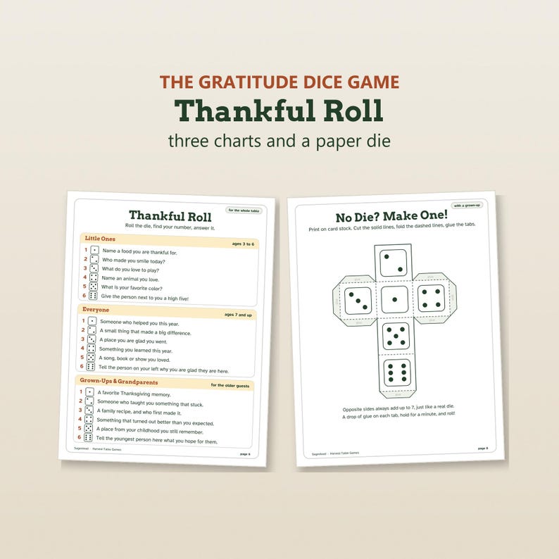 K&ouml;nnte beinhalten: Das Dankbarkeits-W&uuml;rfelspiel Thankful Roll besteht aus zwei bedruckten Bl&auml;ttern. Ein Blatt enth&auml;lt drei nummerierte Tabellen f&uuml;r verschiedene Altersgruppen, das andere eine Vorlage zum Ausschneiden, Falten und Kleben eines Papierw&uuml;rfels.
