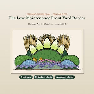 May include: A printable PDF garden plan titled The Low-Maintenance Front Yard Border, featuring a graphic illustration of plants with blooms from April to October for zones 5-8. The design includes 3 bed sizes, 11 kinds of plants, and placement.