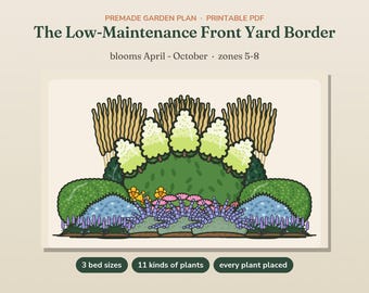 Front Yard Landscaping Plan, Low Maintenance Garden Design PDF, Curb Appeal Flower Bed Layout, Evergreen Shrubs, 3 Bed Sizes, Plant List
