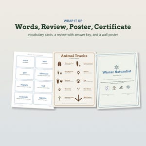 K&ouml;nnte beinhalten: Ein Set aus Lehrmaterialien mit einem Blatt Vokabelkarten, einem "Animal Tracks of North America"-Poster mit braunen Illustrationen und einem "Winter Naturalist"-Zertifikat. Der Text umfasst "WRAP IT UP", "Words, Review, Poster, Certificate" und "vocabulary cards, a review with answer key, and a wall poster".