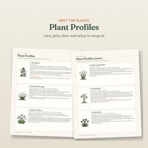 May include: Two pages of a document titled Plant Profiles, featuring text and illustrations of six plants: Moonflower, Smooth Hydrangea, Jasmine Tobacco, White Garden Phlox, Oriental Lily, and Shasta Daisy, with care and pet safety details.