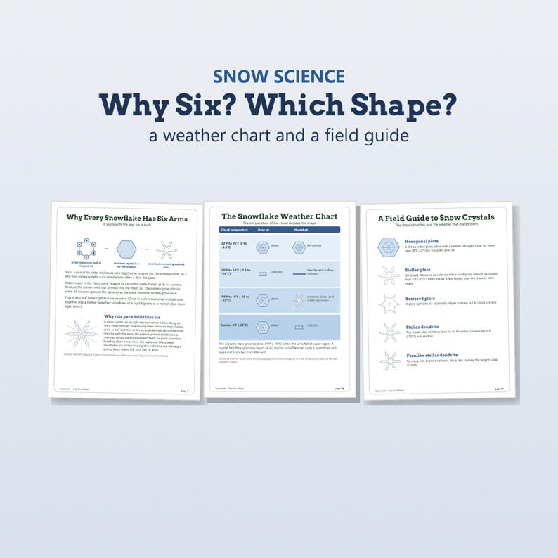 May include: Three educational pages titled Snow Science: Why Six? Which Shape? a weather chart and a field guide. The pages feature diagrams, text, and charts explaining snowflake formation, hexagonal structures, and various crystal shapes.