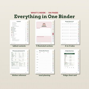 May include: A 104-page binder organiser featuring tabbed contents, nine illustrated sections, an A to Z recipe index, kitchen measures and conversions, a weekly meal planner, and a fridge cheat card with imperial and metric measurements.