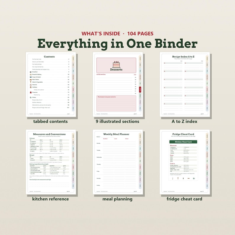 May include: A 104-page binder organiser featuring tabbed contents, nine illustrated sections, an A to Z recipe index, kitchen measures and conversions, a weekly meal planner, and a fridge cheat card with imperial and metric measurements.