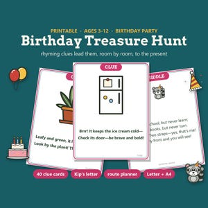 May include: A printable birthday treasure hunt game featuring white cards with pink borders, colorful illustrations of a refrigerator, a potted plant, and a raccoon, along with rhyming text clues. The set includes 40 clue cards, a letter, and a route planner.