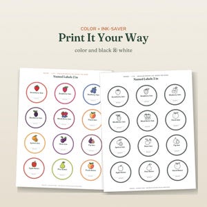 May include: Two printable sheets of 2-inch round labels for jam and butter jars. One sheet features colorful fruit illustrations and borders, while the other displays the same designs in black and white. Text includes "Print It Your Way" and various fruit names.