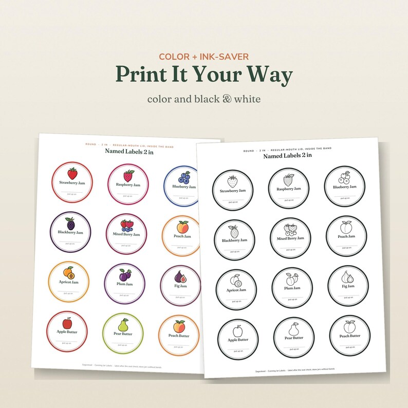 May include: Two printable sheets of 2-inch round labels for jam and butter jars. One sheet features colorful fruit illustrations and borders, while the other displays the same designs in black and white. Text includes "Print It Your Way" and various fruit names.
