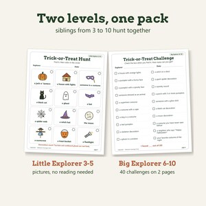 May include: Two printable Halloween scavenger hunt sheets titled Trick-or-Treat Hunt and Trick-or-Treat Challenge. The first sheet features colorful icons for younger children, while the second sheet contains a checklist of twenty items for older children.