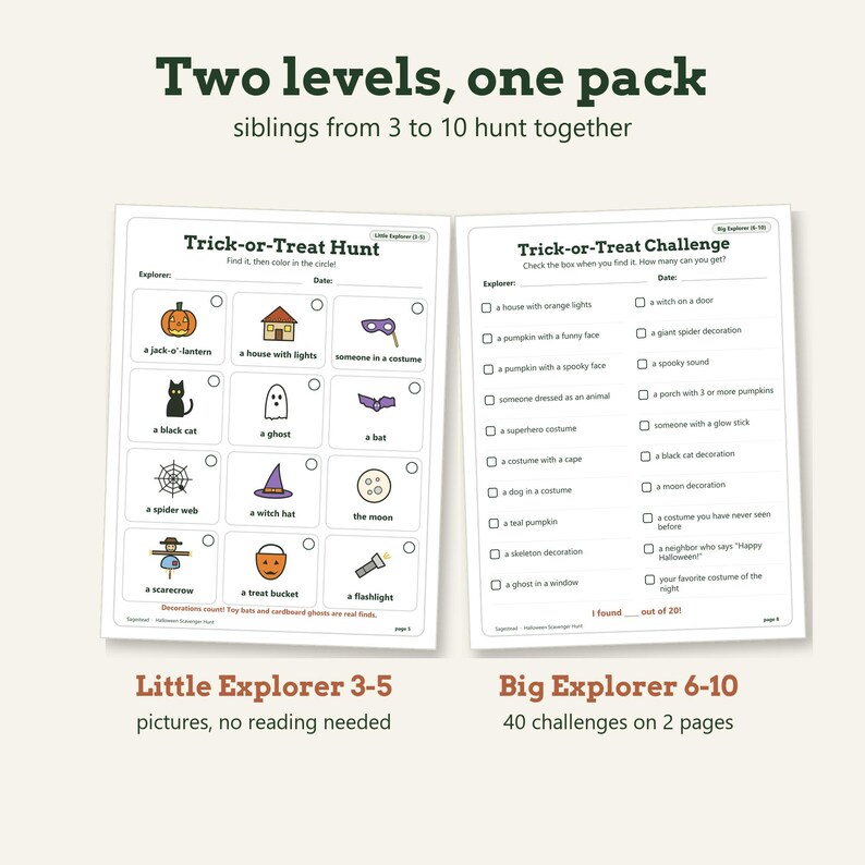 May include: Two printable Halloween scavenger hunt sheets titled Trick-or-Treat Hunt and Trick-or-Treat Challenge. The first sheet features colorful icons for younger children, while the second sheet contains a checklist of twenty items for older children.