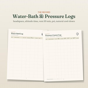 May include: Two cream-colored pages titled The Record Water-Bath & Pressure Logs. The left page is a Water-Bath Log with columns for date, recipe, jars, headspace, altitude, and notes. The right page is a Pressure-Canner Log with additional columns.