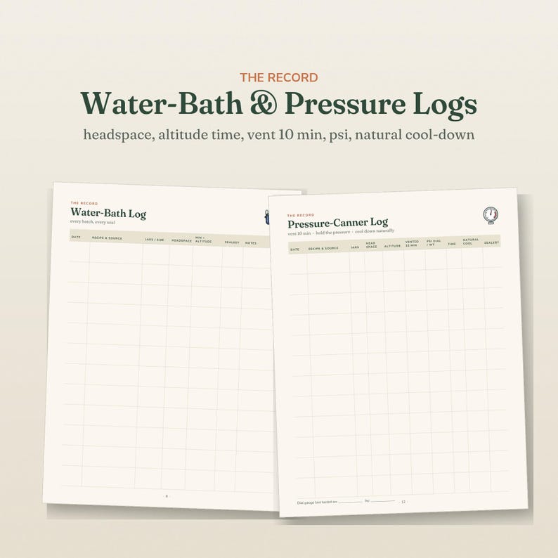 May include: Two cream-colored pages titled The Record Water-Bath & Pressure Logs. The left page is a Water-Bath Log with columns for date, recipe, jars, headspace, altitude, and notes. The right page is a Pressure-Canner Log with additional columns.
