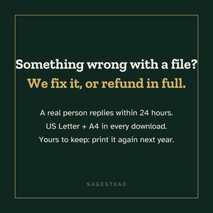 May include: A dark green square graphic with a thin gold border. Text reads: Something wrong with a file? We fix it, or refund in full. A real person replies within 24 hours. US Letter + A4 in every download. Yours to keep: print it again next year. SAGESTEAD.