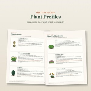 May include: Two pages of a document titled Plant Profiles with the subtitle care, pets, deer and what to swap in. The pages contain six illustrated sections labeled A through F, each featuring a plant drawing and detailed text descriptions.