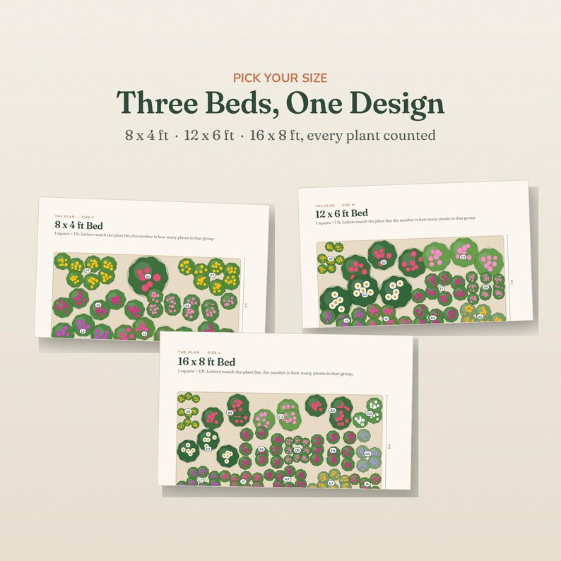 May include: Three garden bed layout plans titled Three Beds, One Design with sizes 8x4 ft, 12x6 ft, and 16x8 ft. Each plan displays a beige rectangular area with green, pink, yellow, and purple plant icons labeled with numbers for plant counts.
