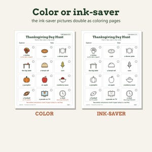 May include: Two printable Thanksgiving Day Hunt activity sheets side-by-side. The left sheet features colorful illustrations of holiday items like a turkey, pie, and pumpkin. The right sheet displays the same images in black and white outlines.