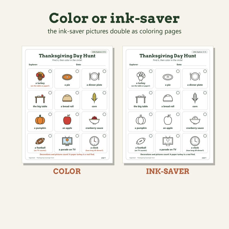 May include: Two printable Thanksgiving Day Hunt activity sheets side-by-side. The left sheet features colorful illustrations of holiday items like a turkey, pie, and pumpkin. The right sheet displays the same images in black and white outlines.