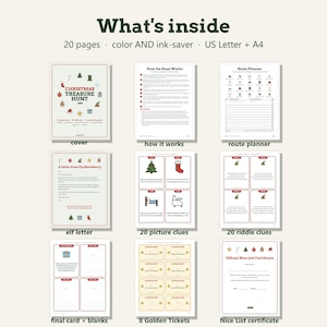 May include: A digital Christmas treasure hunt printable set featuring 20 pages in color and ink-saver formats for US Letter and A4 paper. Includes a cover, instructions, route planner, elf letter, picture clues, riddle clues, cards, and certificates.