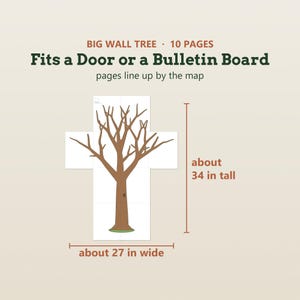 Puede incluir: Un gr&aacute;fico de &aacute;rbol marr&oacute;n compuesto por 10 p&aacute;ginas que se alinean para formar una gran decoraci&oacute;n de pared. El texto dice BIG WALL TREE, 10 PAGES, Fits a Door or a Bulletin Board, pages line up by the map, unos 86 cm de alto y 69 cm de ancho.