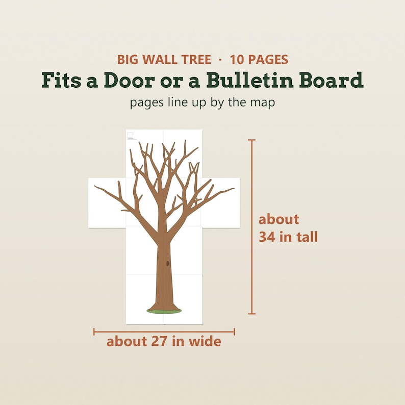 Puede incluir: Un gr&aacute;fico de &aacute;rbol marr&oacute;n compuesto por 10 p&aacute;ginas que se alinean para formar una gran decoraci&oacute;n de pared. El texto dice BIG WALL TREE, 10 PAGES, Fits a Door or a Bulletin Board, pages line up by the map, unos 86 cm de alto y 69 cm de ancho.